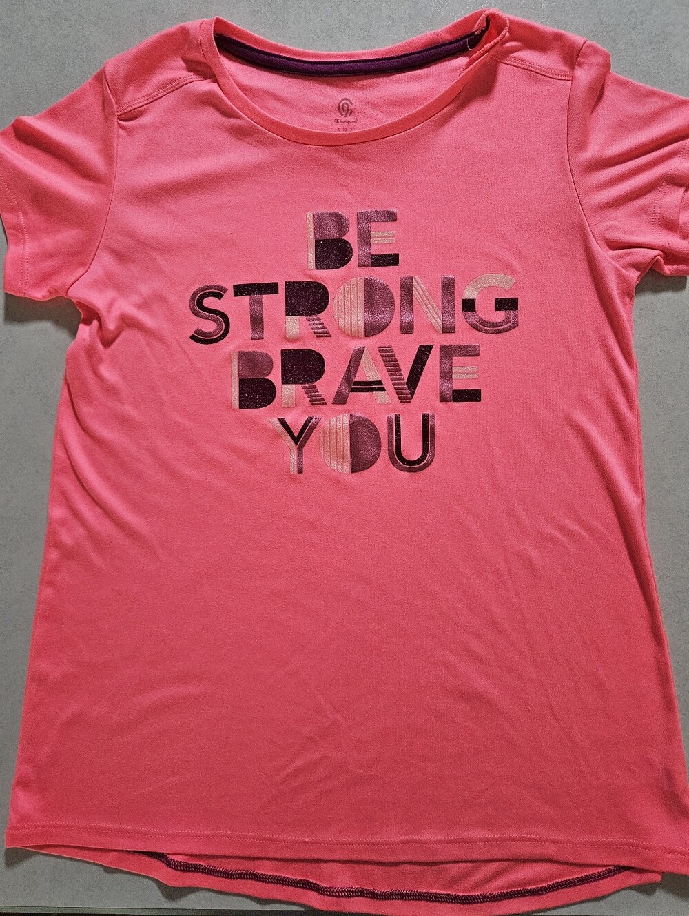 Champion Girls Bright Coral Tee, Large (10-12), "Be Strong, Brave, You"